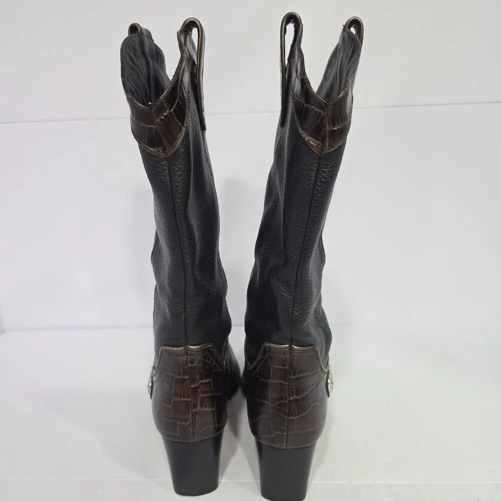 Brighton Women’s Toby Western Boots Sz 7.5 Black Brown Heart Charm Leather NICE!